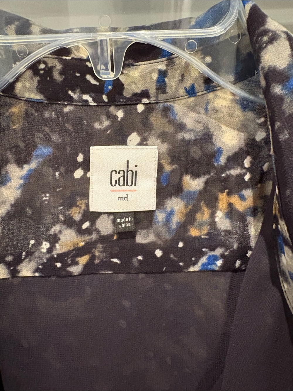 CAbi Black Abstract Speckled Button-Down Shirt with Blue and Tan Accents